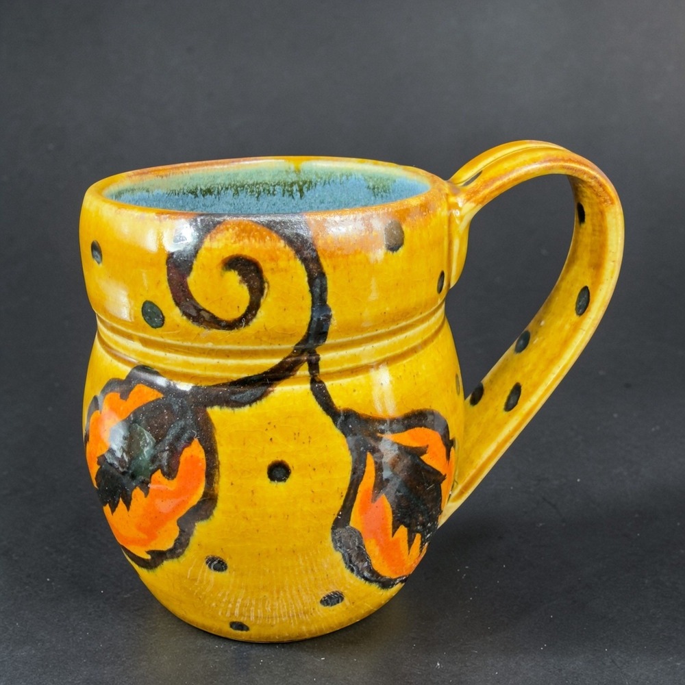 Studio Pottery Handcrafted Yellow‎ Mug Orange Black Leaf Polka Dot Teal Interior
